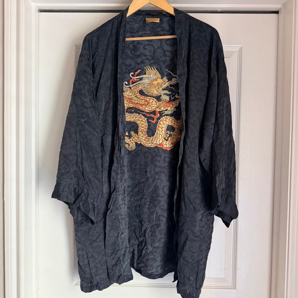 VTG Fredericks Silk Collection Dragon Embroidered Robe Kimono Grey Jacquard O/S